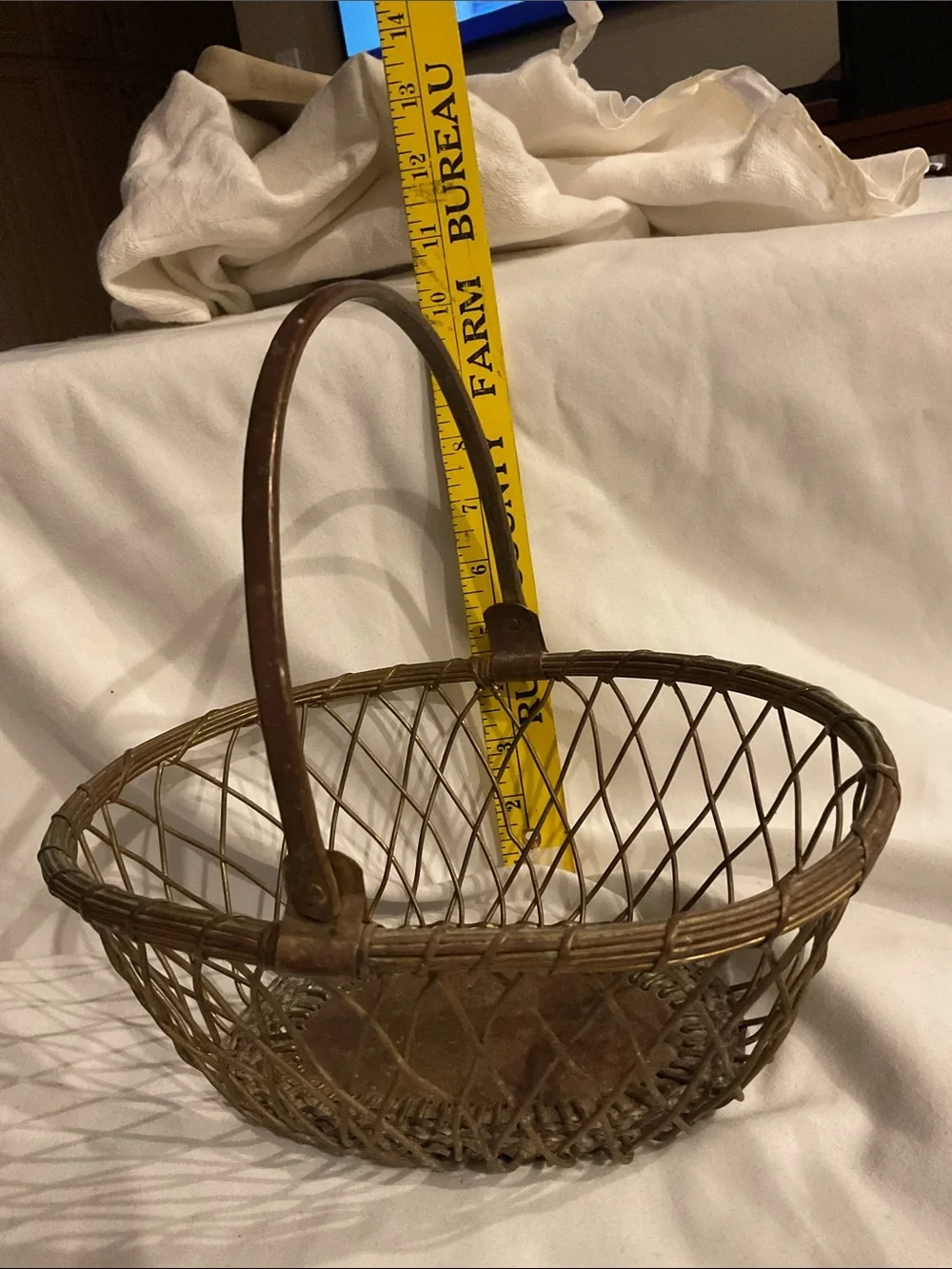 Heavy Metal Woven Basket Swing Handle Gold Metal  Rustic Farmhouse 11” VTG 1940